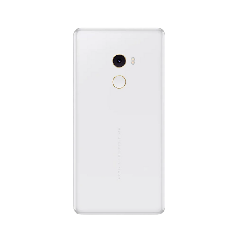 Dos du Xiaomi Mi Mix 2 blanc avec capteur photo unique et lecteur d’empreinte circulaire — réparation lentille caméra, remplacement vitre arrière et changement batterie par iTelier Lyon, techniciens certifiés, service fiable et garanti.