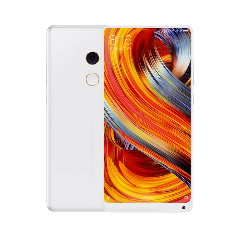 Xiaomi Mi Mix 2 blanc en vue avant et arrière — réparation écran LCD borderless, remplacement vitre tactile cassée et changement batterie par iTelier Lyon, devis gratuit, service express en boutique ou par correspondance en France.