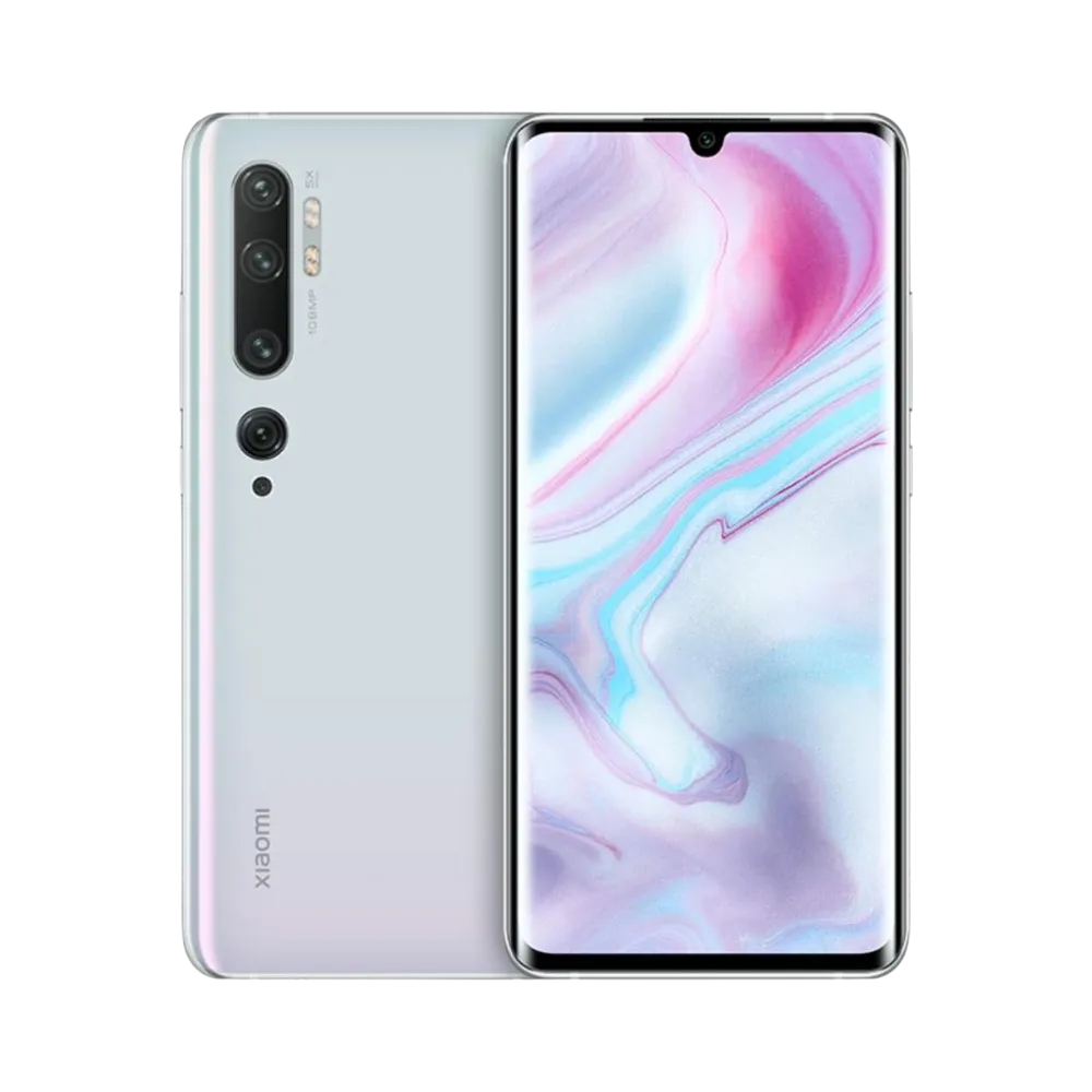 Xiaomi Mi Note 10 Pro blanc nacré en vue avant et arrière — réparation écran AMOLED incurvé, remplacement vitre cassée et changement batterie haute capacité par iTelier Lyon, devis gratuit, service rapide garanti.