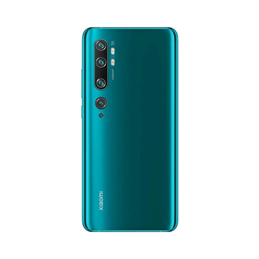 Dos du Xiaomi Mi Note 10 vert avec 5 capteurs photo — réparation lentille caméra, remplacement vitre arrière cassée et maintenance batterie par iTelier Lyon, techniciens certifiés, service écologique et rapide.