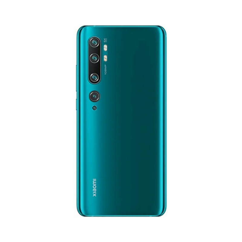 Dos du Xiaomi Mi Note 10 vert avec 5 capteurs photo — réparation lentille caméra, remplacement vitre arrière cassée et maintenance batterie par iTelier Lyon, techniciens certifiés, service écologique et rapide.