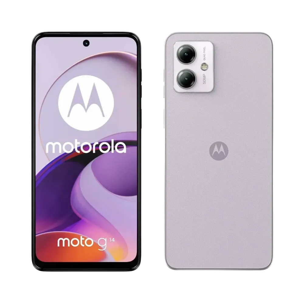 Réparation Motorola G14 à Lyon – iTelier : photo en angle avec écran allumé, parfaite pour représenter la réparation d’écran tactile fissuré ou affichage défectueux. Service rapide en boutique Lyon 6 et envoi postal France entière.