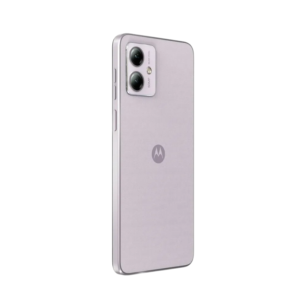 Motorola G14 – vue arrière en angle, mettant en évidence le module photo et le châssis. iTelier Lyon : réparation vitre arrière, lentille caméra ou cadre abîmé. Service express, diagnostic gratuit et garantie 1 an.