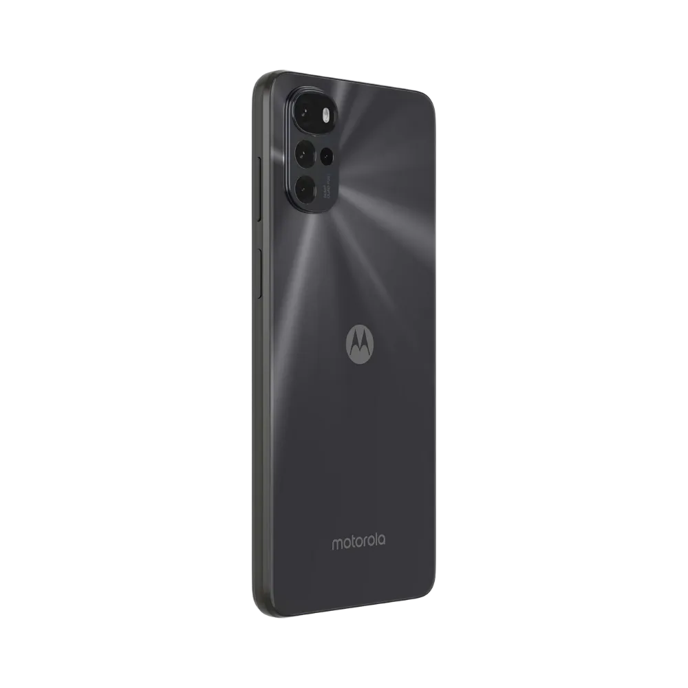 Motorola G22 – vue 3/4 arrière mettant en évidence le module photo et le dos. iTelier Lyon : réparation dos, cadre, lentille caméra et alignement châssis. Service pro, diagnostic gratuit, garantie 1 an.