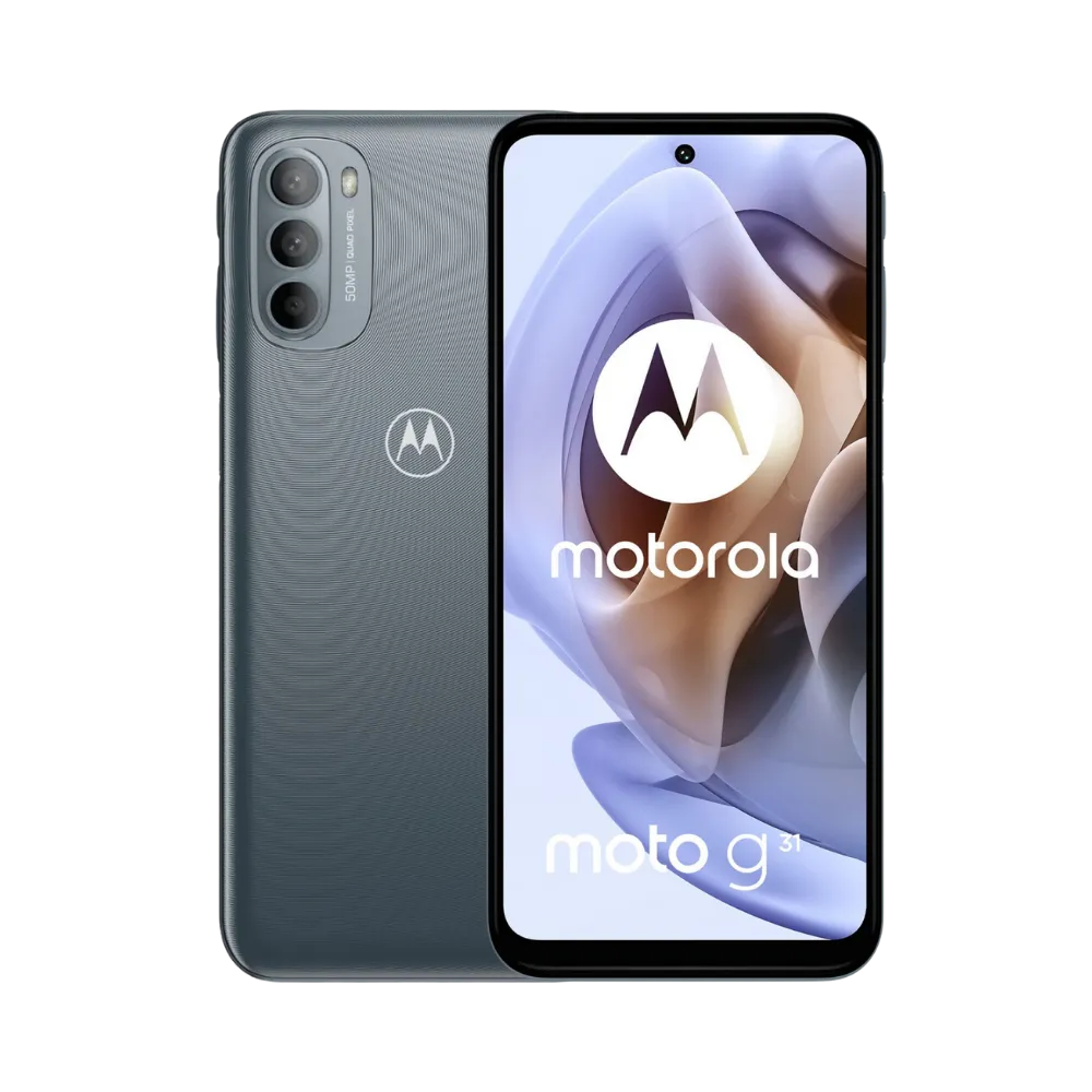 Réparation Motorola G31 à Lyon – iTelier : vue avant avec écran éteint, parfaite pour illustrer un remplacement d’écran fissuré ou tactile non fonctionnel. Diagnostic gratuit, pièces garanties et service express en boutique Lyon 6 ou par envoi national.