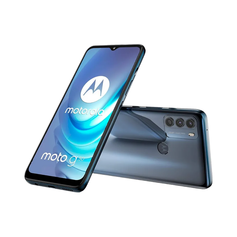Changement connecteur de charge Motorola G50 – iTelier Lyon. Photo inclinée montrant la base du smartphone et l’écran actif, parfaite pour illustrer la réparation du port de charge. Réparation rapide et garantie, dépôt ou envoi France entière.