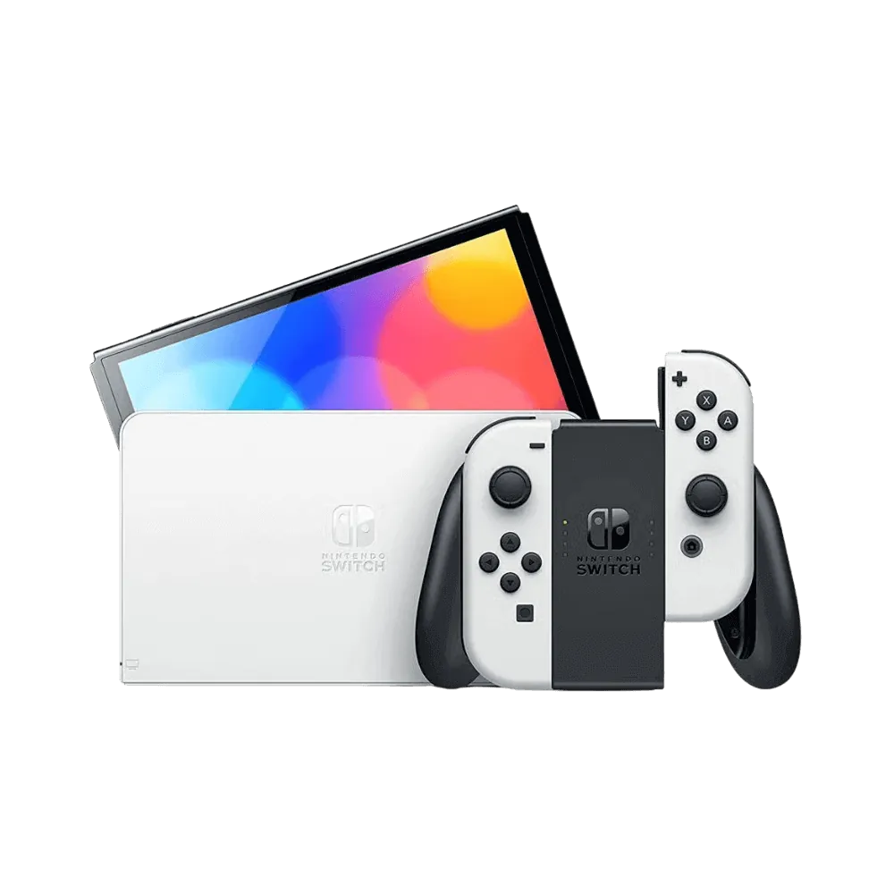 Nintendo Switch OLED avec Joy-Con blancs – Réparation écran OLED, batterie ou carte mère chez iTelier Lyon, service rapide et garanti 1 an.