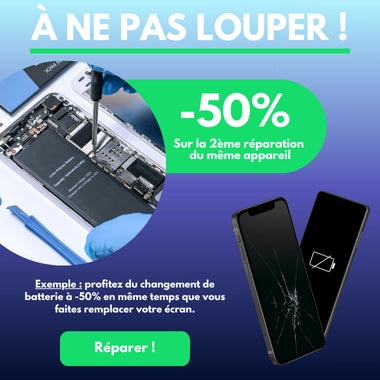 Visuel mobile iTelier annonçant -50 % sur la deuxième réparation du même smartphone, comme le remplacement de batterie lors d’un changement d’écran.