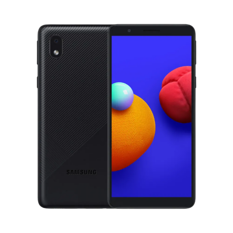 Samsung Galaxy A01 Core noir vu de face et de dos – réparation écran fissuré, remplacement batterie et connecteur de charge avec iTelier Lyon – diagnostic gratuit, réparation express en boutique et service par correspondance France entière.