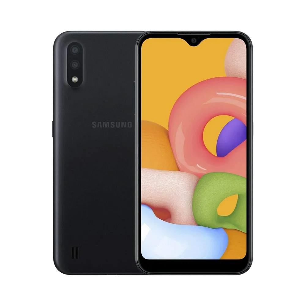 Samsung Galaxy A01 noir vu de face et de dos – réparation écran LCD cassé, remplacement batterie et connecteur avec iTelier Lyon – diagnostic offert, réparations rapides et garanties 12 mois, service local et par correspondance France entière.