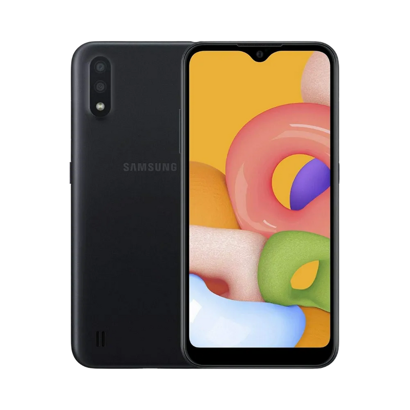 Samsung Galaxy A01 noir vu de face et de dos – réparation écran LCD cassé, remplacement batterie et connecteur avec iTelier Lyon – diagnostic offert, réparations rapides et garanties 12 mois, service local et par correspondance France entière.