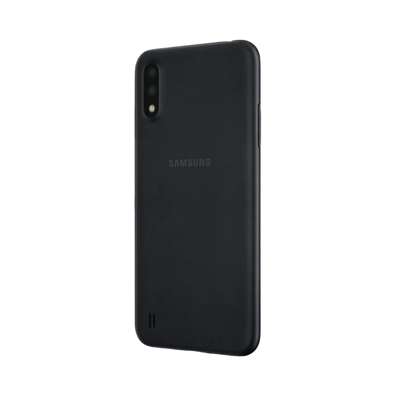 Dos noir Samsung Galaxy A01 avec double caméra – remplacement vitre arrière brisée et réparations certifiées par iTelier Lyon – service fiable et écologique, réparation en boutique ou expédition nationale.