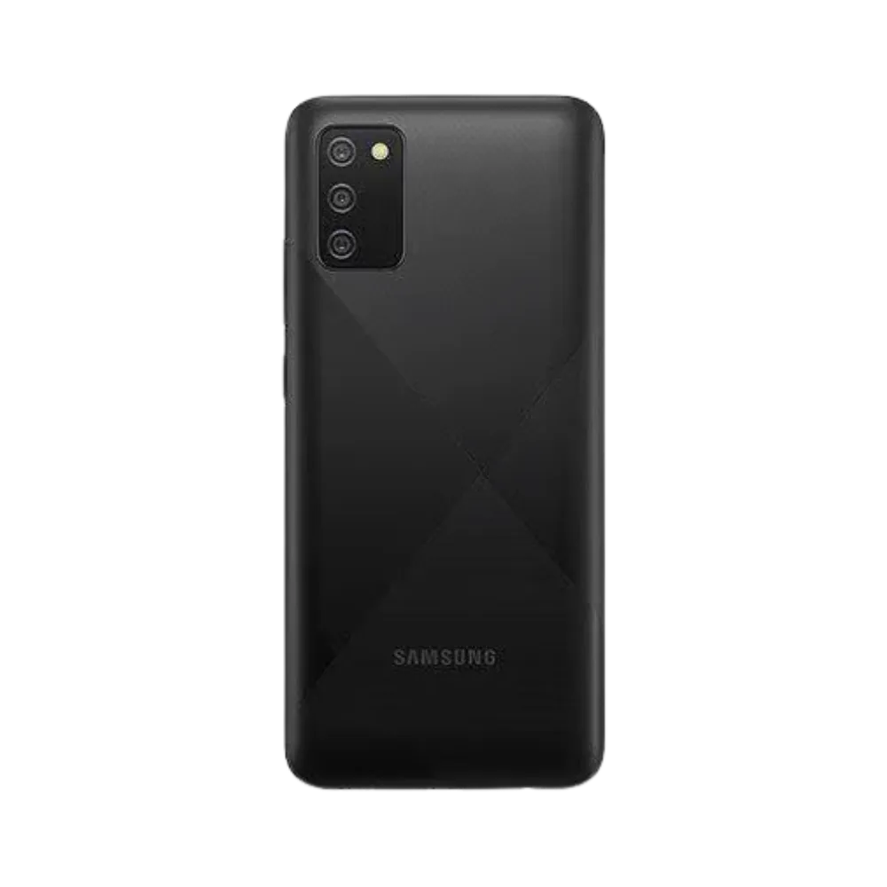Dos noir Samsung Galaxy A02s avec triple caméra – remplacement vitre arrière brisée et réparations certifiées avec iTelier Lyon – solutions écologiques, pièces d’origine garanties, service express à Lyon et en France.