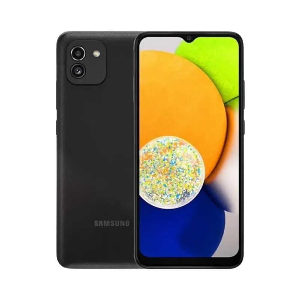 Samsung Galaxy A03 noir vu de face et de dos – réparation écran HD cassé, remplacement batterie et connecteur de charge avec iTelier Lyon – diagnostic gratuit, pièces garanties 12 mois, service express en boutique ou par envoi sécurisé en France.