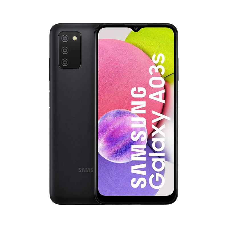 Samsung Galaxy A03s noir vu de face et de dos – réparation écran LCD fissuré, remplacement batterie ou connecteur de charge avec iTelier Lyon – diagnostic gratuit, réparation express en boutique et par correspondance France entière.