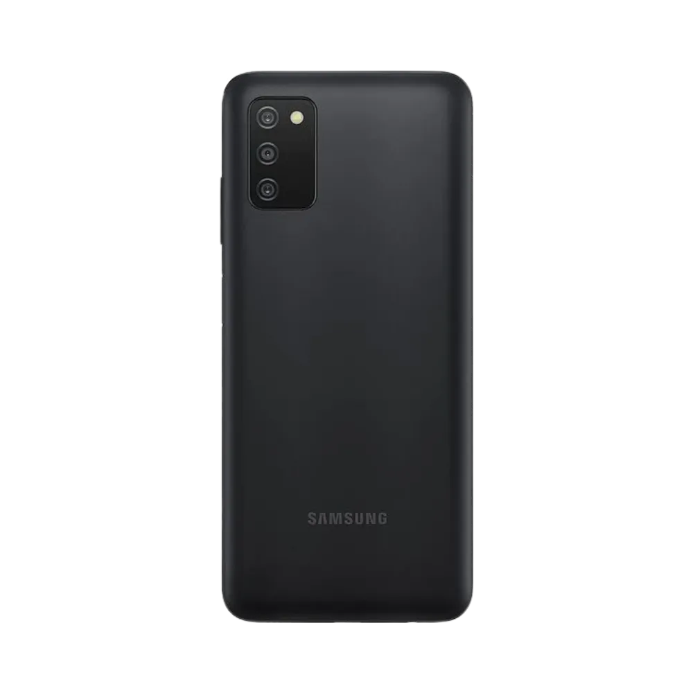 Dos noir Samsung Galaxy A03s avec triple caméra – remplacement vitre arrière brisée et remise en état avec iTelier Lyon – service de réparation expert à Lyon, envoi sécurisé disponible partout en France.