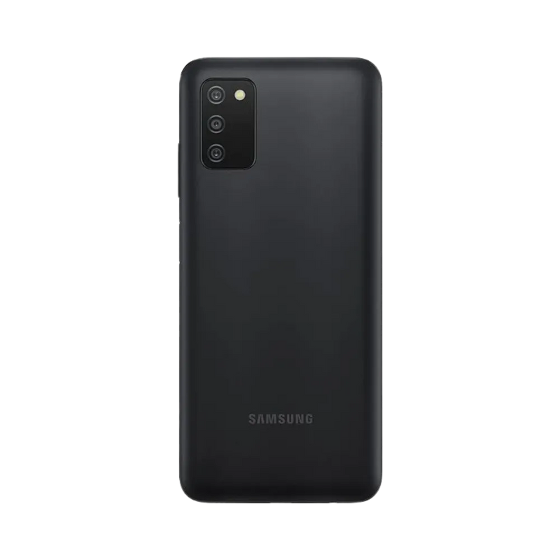 Dos noir Samsung Galaxy A03s avec triple caméra – remplacement vitre arrière brisée et remise en état avec iTelier Lyon – service de réparation expert à Lyon, envoi sécurisé disponible partout en France.