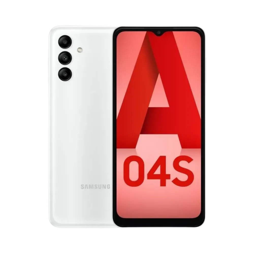 Samsung Galaxy A04s blanc vu de face et de dos – réparation écran LCD cassé, remplacement batterie et vitre arrière avec iTelier Lyon – diagnostic gratuit, service express en boutique ou par correspondance partout en France.