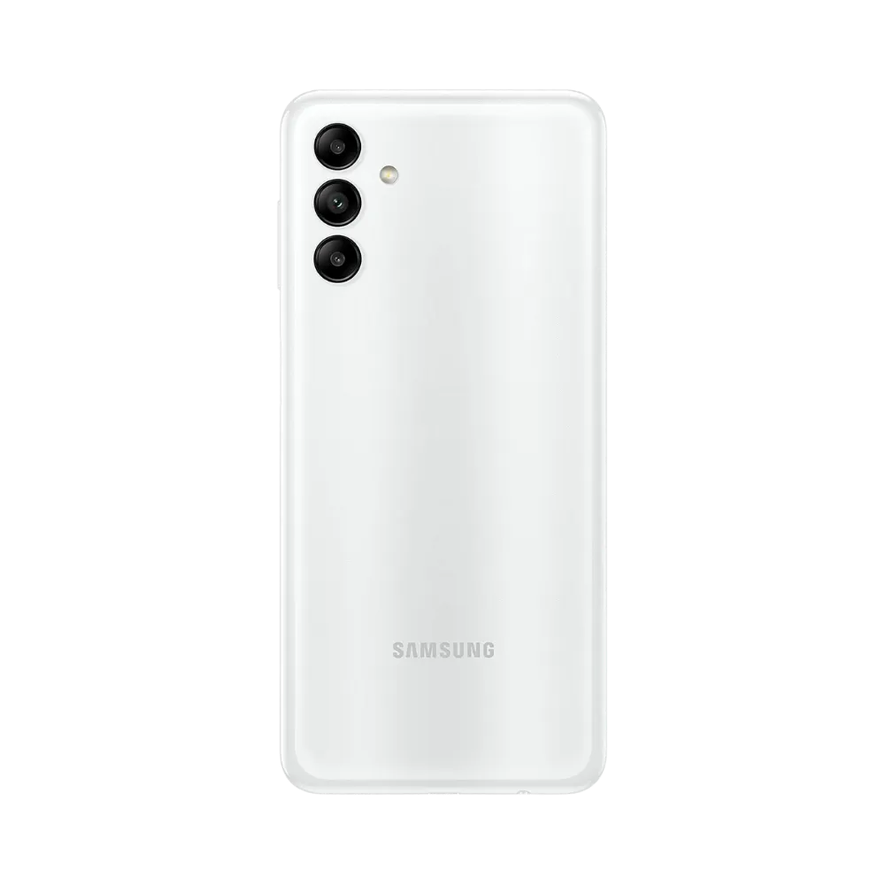 Dos blanc Samsung Galaxy A04s avec triple caméra – remplacement vitre arrière cassée, changement batterie et remise en état complète avec iTelier Lyon – service local et national, garantie 1 an.