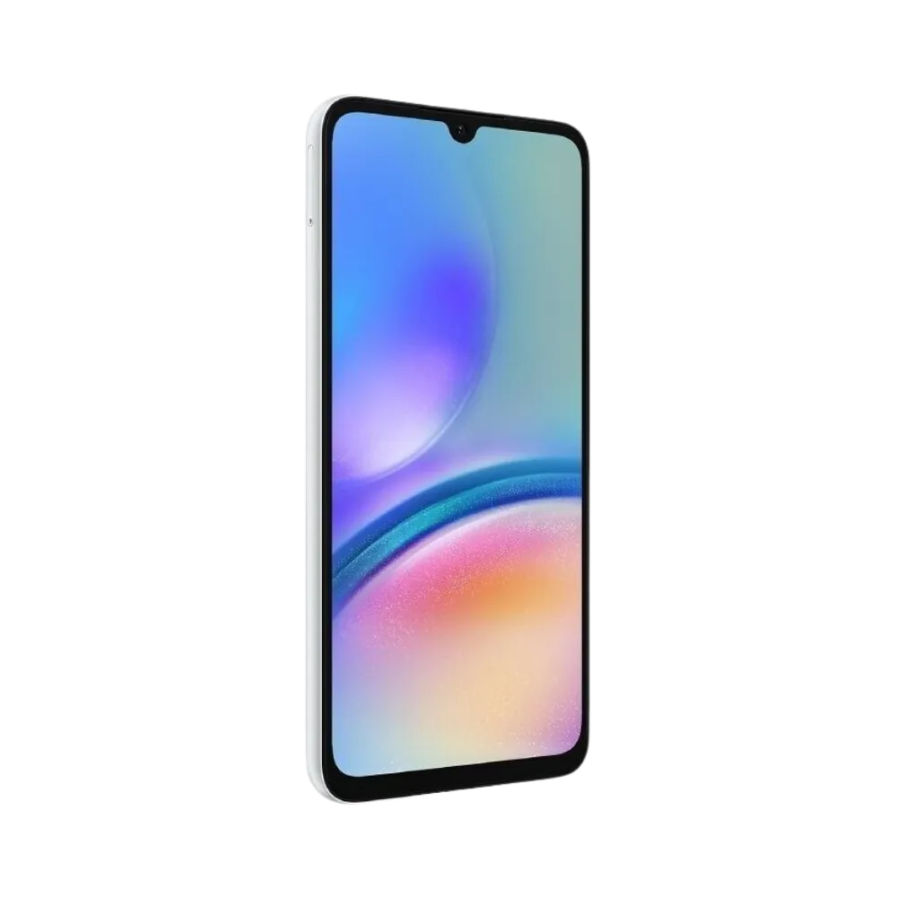 Samsung Galaxy A05s blanc vu en trois-quarts – réparation smartphone toutes pannes (écran, batterie, connecteur de charge) par iTelier Lyon – service rapide, diagnostic gratuit et envoi postal sécurisé dans toute la France.