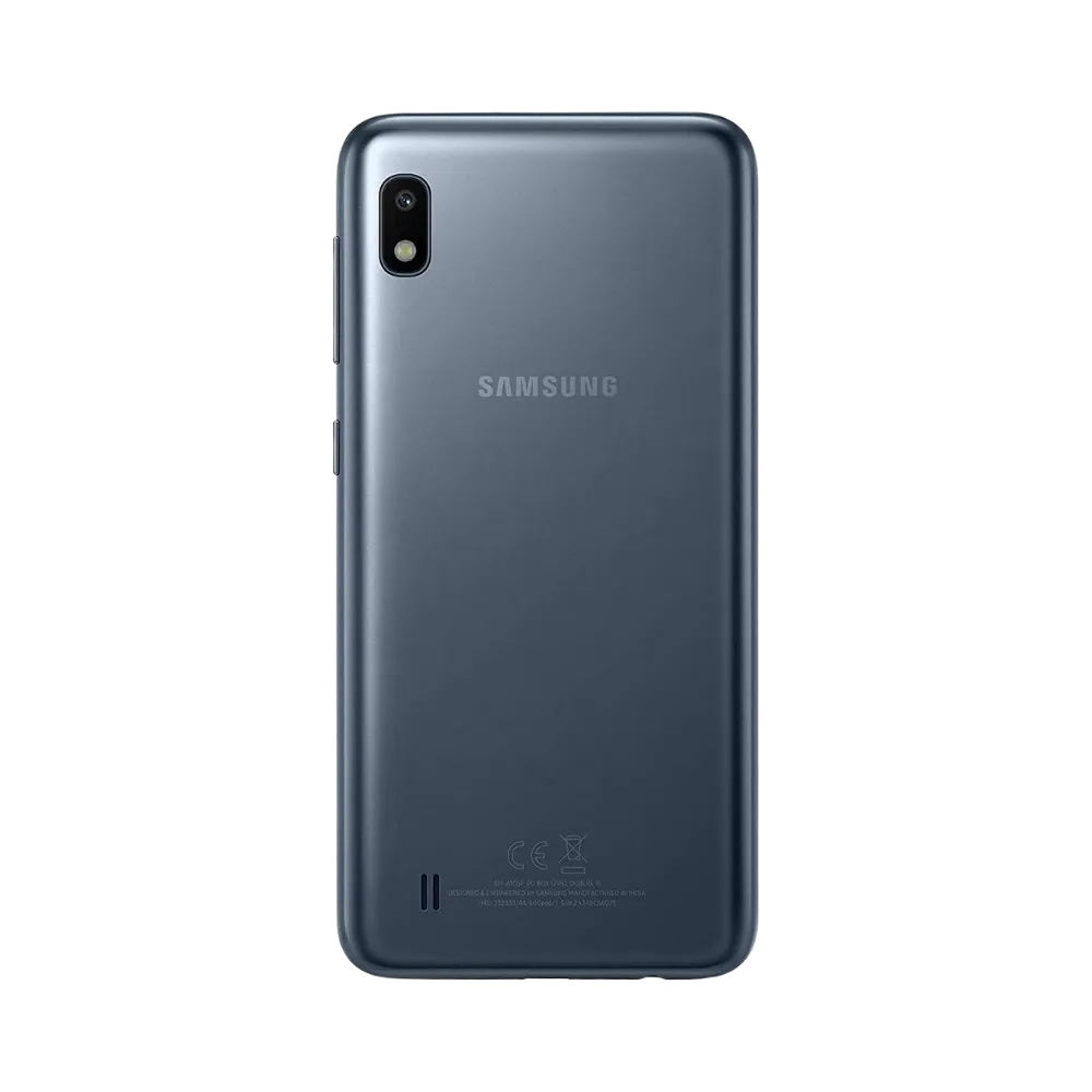 Dos gris Samsung Galaxy A10 avec simple caméra verticale – réparation vitre arrière cassée, changement batterie et restauration esthétique par iTelier Lyon – expertise locale, diagnostic offert, garantie 1 an.