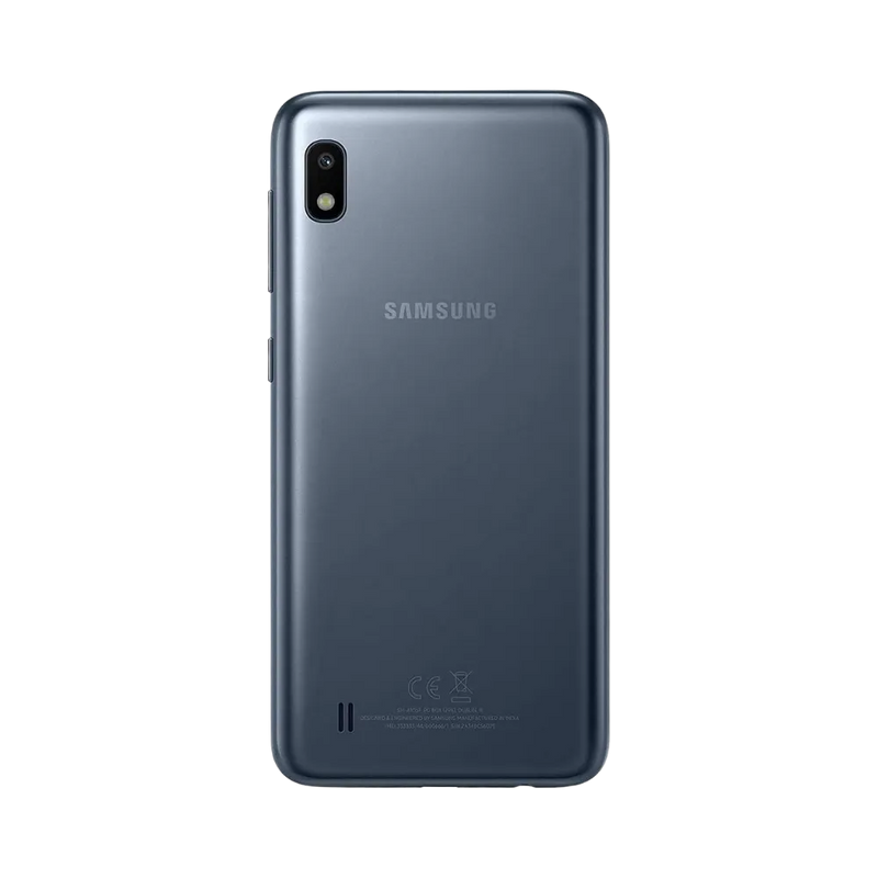 Dos gris Samsung Galaxy A10 avec simple caméra verticale – réparation vitre arrière cassée, changement batterie et restauration esthétique par iTelier Lyon – expertise locale, diagnostic offert, garantie 1 an.