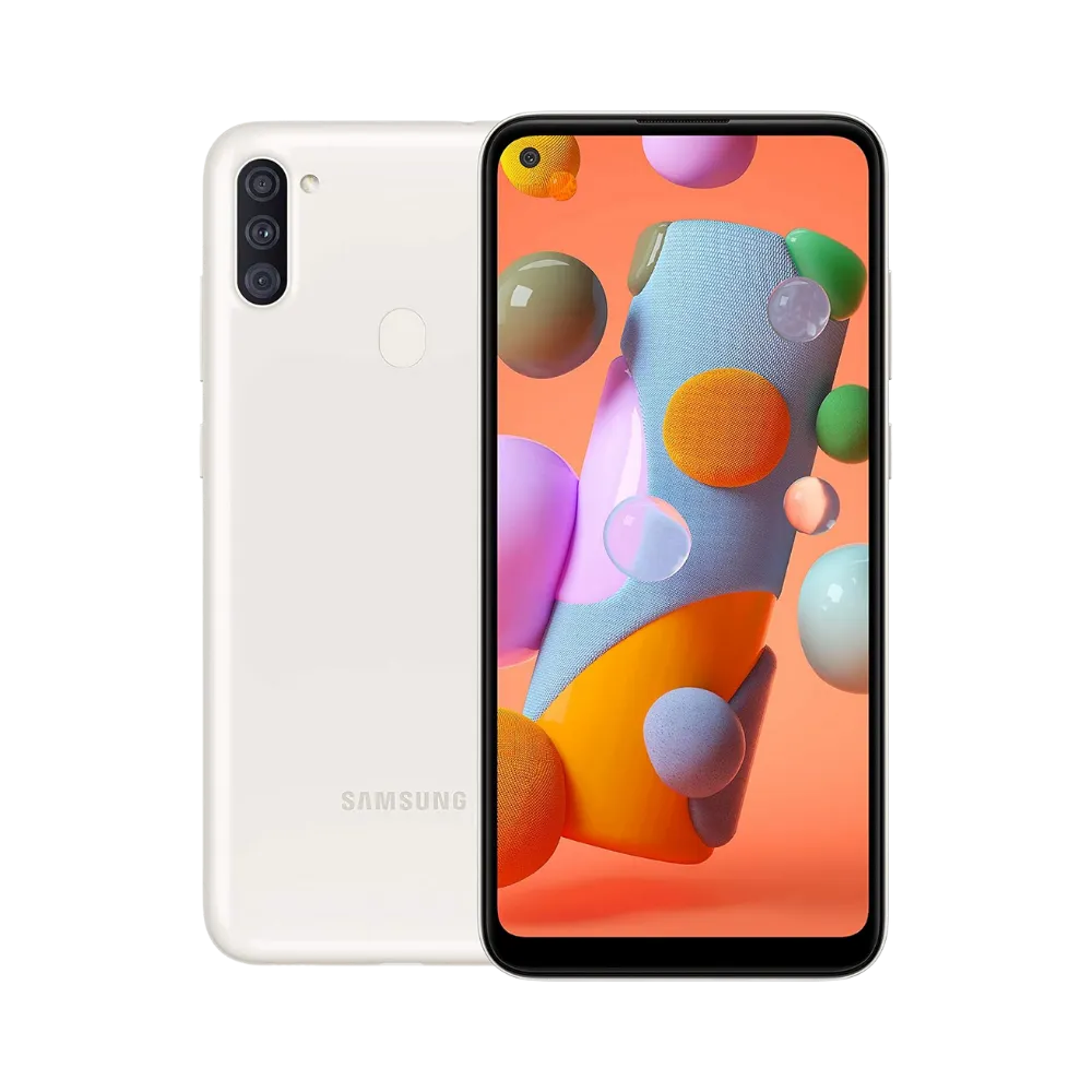 Samsung Galaxy A11 blanc vu de face et de dos – réparation écran LCD, remplacement batterie et vitre arrière avec iTelier Lyon – diagnostic gratuit, service express, garantie pièces et main-d’œuvre.