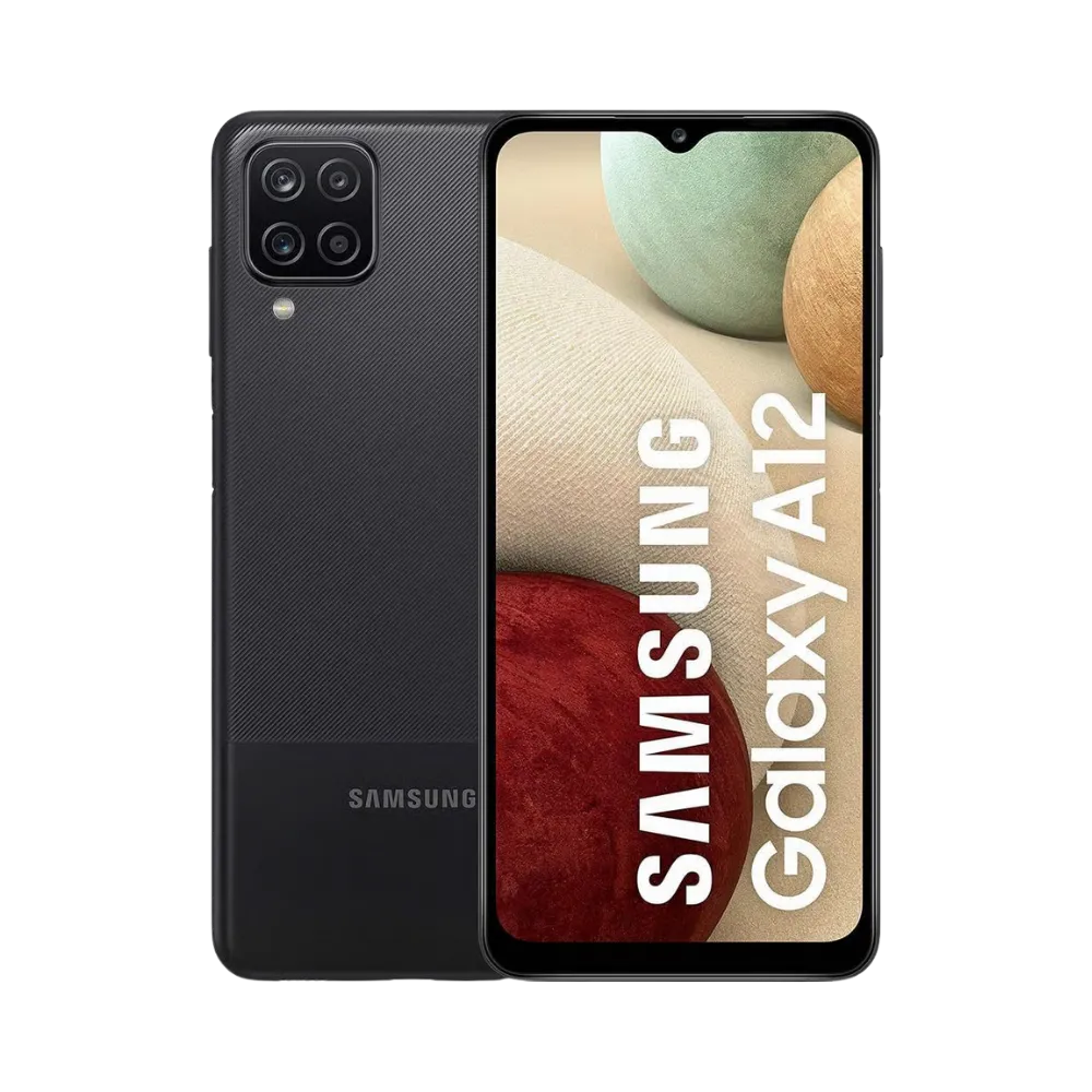 Samsung Galaxy A12 noir vu de face et de dos – réparation écran LCD, remplacement batterie et vitre arrière avec iTelier Lyon – diagnostic gratuit, service express, garantie pièces et main-d’œuvre.