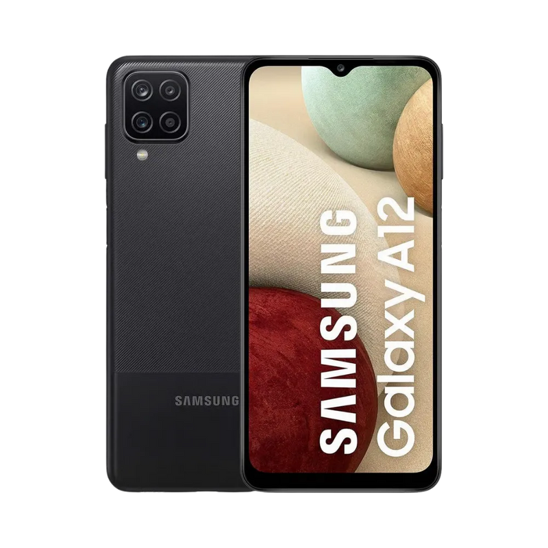Samsung Galaxy A12 noir vu de face et de dos – réparation écran LCD, remplacement batterie et vitre arrière avec iTelier Lyon – diagnostic gratuit, service express, garantie pièces et main-d’œuvre.