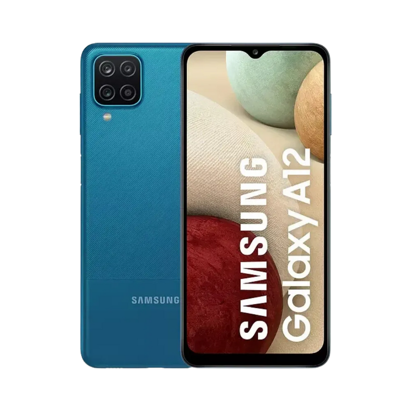 Samsung Galaxy A12s bleu vu de face et de dos – réparation écran LCD, remplacement batterie et vitre arrière avec iTelier Lyon – diagnostic gratuit, service express, garantie pièces et main-d’œuvre.