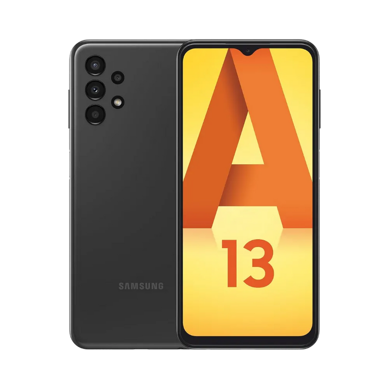 Samsung Galaxy A13 4G noir vu de face et de dos – réparation écran LCD, remplacement batterie et vitre arrière avec iTelier Lyon – diagnostic gratuit, service express, garantie pièces et main-d’œuvre.