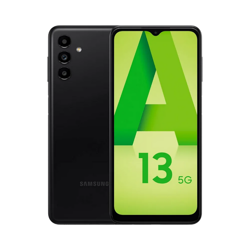 Samsung Galaxy A13 5G noir vu de face et de dos – réparation écran LCD, remplacement batterie et vitre arrière avec iTelier Lyon – diagnostic gratuit, service express, garantie pièces et main-d’œuvre.