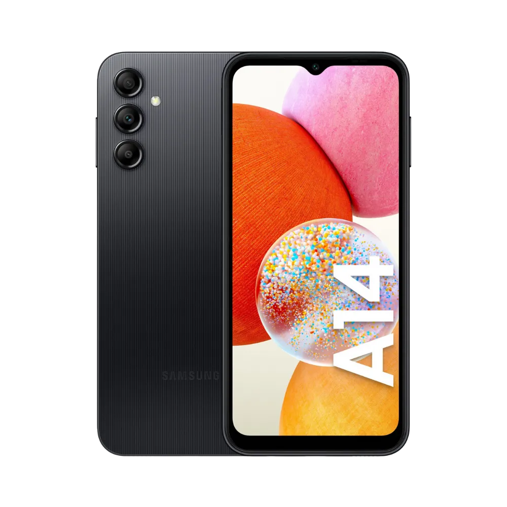 Samsung Galaxy A14 4G noir vu de face et de dos – réparation écran LCD, remplacement batterie et vitre arrière avec iTelier Lyon – diagnostic gratuit, service express, garantie pièces et main-d’œuvre.