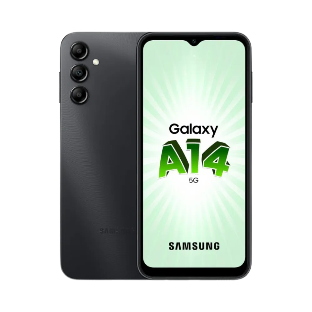 Samsung Galaxy A14 5G noir vu de face et de dos – réparation écran LCD, remplacement batterie et vitre arrière avec iTelier Lyon – diagnostic gratuit, service express, garantie pièces et main-d’œuvre.