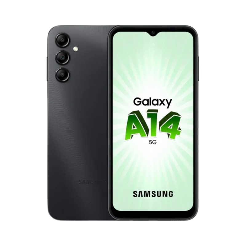 Samsung Galaxy A14 5G noir vu de face et de dos – réparation écran LCD, remplacement batterie et vitre arrière avec iTelier Lyon – diagnostic gratuit, service express, garantie pièces et main-d’œuvre.