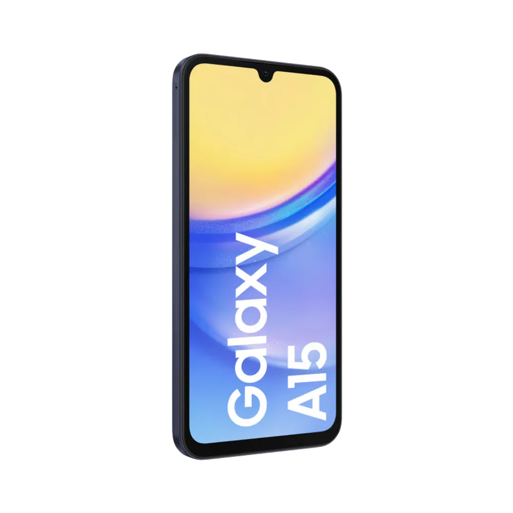 Samsung Galaxy A15 4G bleu foncé vu sous un angle incliné – réparation connecteur de charge, boutons latéraux et composants internes par iTelier Lyon – diagnostic gratuit, réparation rapide, envoi sécurisé France entière.