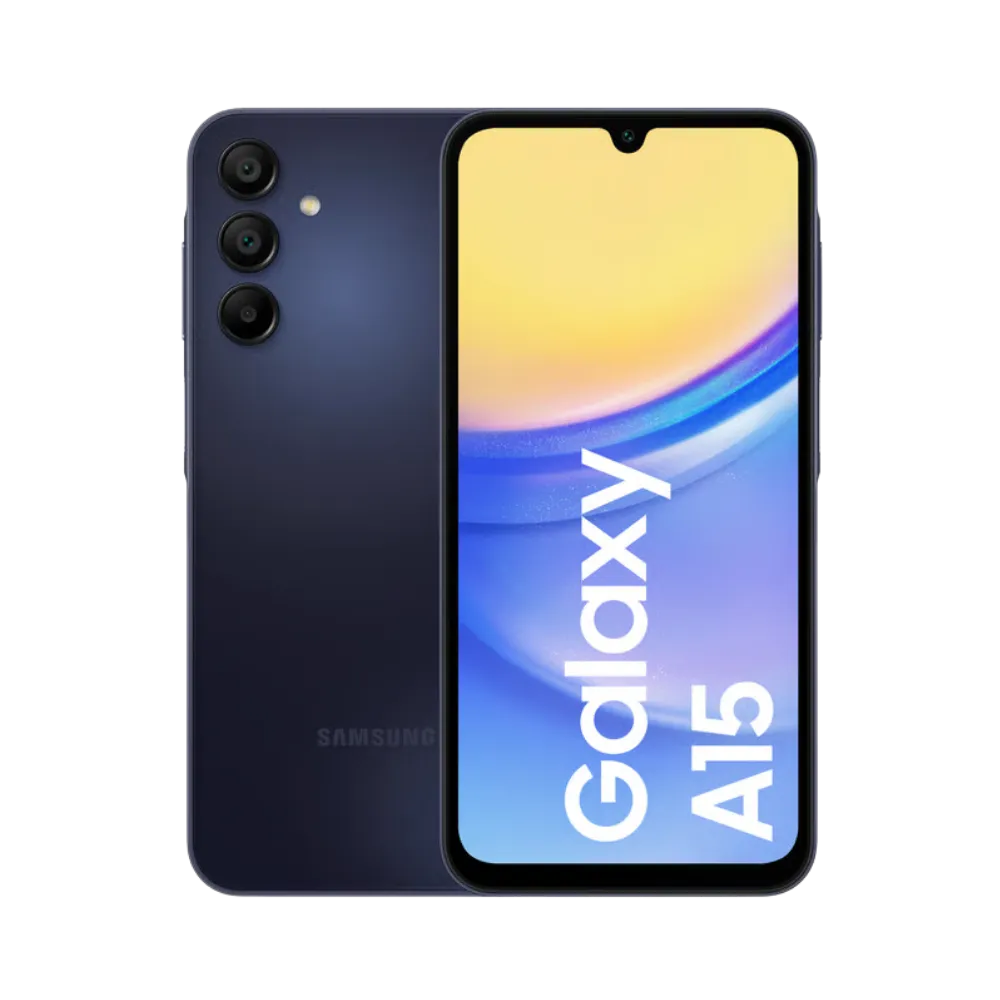 Samsung Galaxy A15 4G bleu foncé vu de face et de dos – réparation écran Super AMOLED, remplacement batterie et vitre arrière avec iTelier Lyon – diagnostic offert, service rapide, garantie pièces et main-d’œuvre.