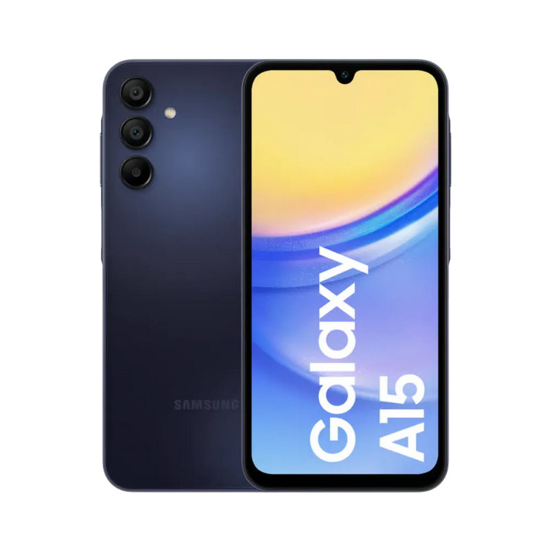 Samsung Galaxy A15 4G bleu foncé vu de face et de dos – réparation écran Super AMOLED, remplacement batterie et vitre arrière avec iTelier Lyon – diagnostic offert, service rapide, garantie pièces et main-d’œuvre.