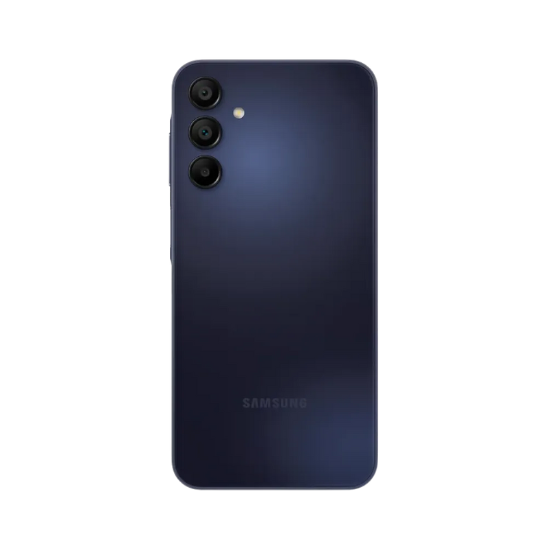Dos bleu foncé Samsung Galaxy A15 4G avec triple caméra – réparation vitre arrière cassée, changement batterie et restauration esthétique par iTelier Lyon – expertise locale, service professionnel garanti 1 an.