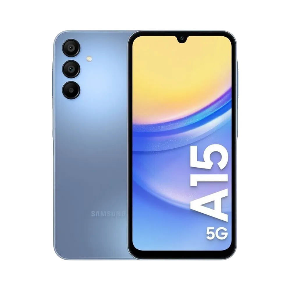 Samsung Galaxy A15 5G bleu vu de face et de dos – réparation écran Super AMOLED, remplacement batterie et vitre arrière avec iTelier Lyon – diagnostic gratuit, service rapide, garantie pièces et main-d’œuvre.