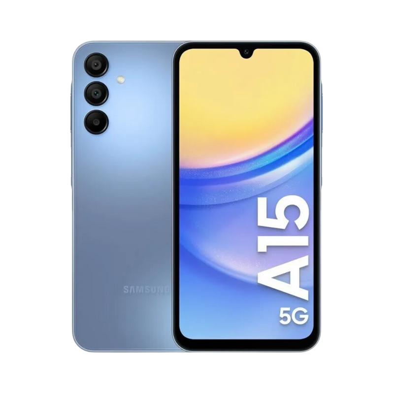 Samsung Galaxy A15 5G bleu vu de face et de dos – réparation écran Super AMOLED, remplacement batterie et vitre arrière avec iTelier Lyon – diagnostic gratuit, service rapide, garantie pièces et main-d’œuvre.
