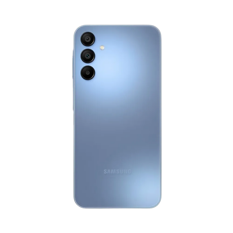 Dos bleu Samsung Galaxy A15 5G avec triple caméra – réparation vitre arrière fissurée, changement batterie et restauration esthétique par iTelier Lyon – expertise locale, service professionnel garanti 1 an.