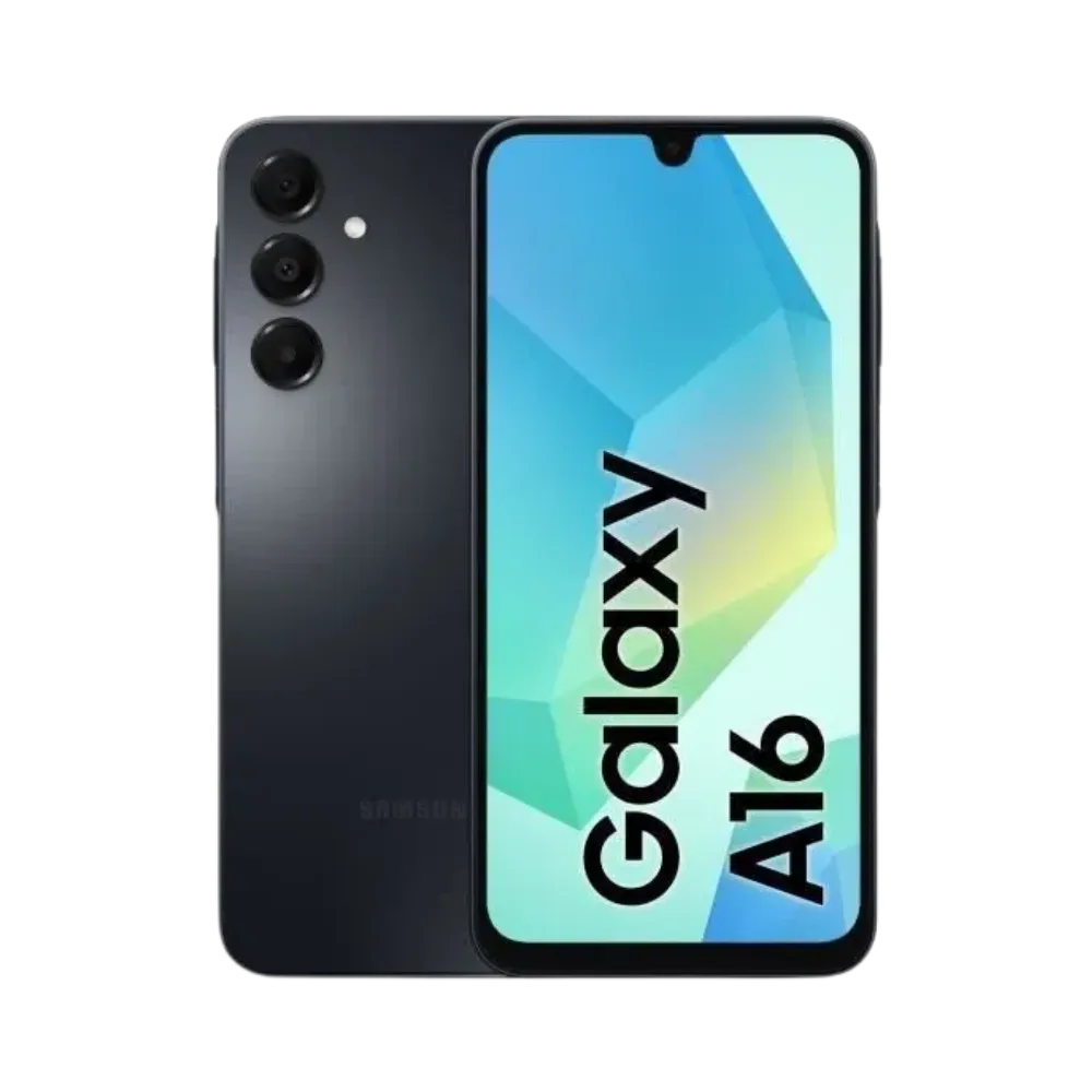Samsung Galaxy A16 4G noir vu de face et de dos – réparation écran LCD, remplacement batterie et vitre arrière avec iTelier Lyon – diagnostic offert, service rapide, garantie pièces et main-d’œuvre.