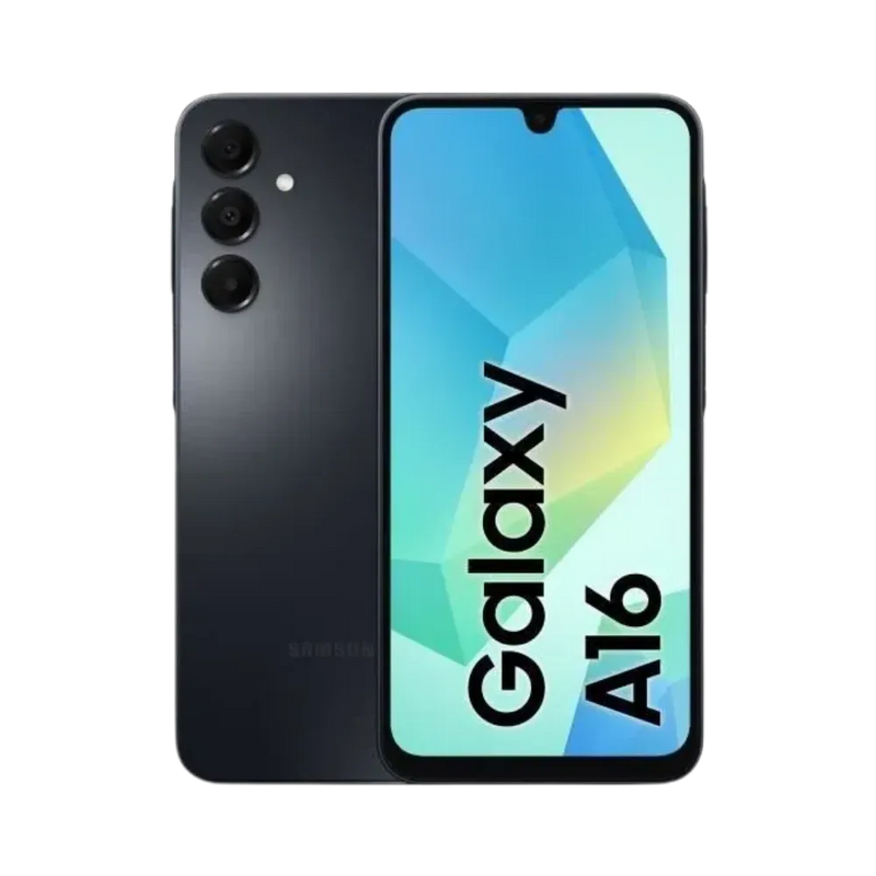 Samsung Galaxy A16 4G noir vu de face et de dos – réparation écran LCD, remplacement batterie et vitre arrière avec iTelier Lyon – diagnostic offert, service rapide, garantie pièces et main-d’œuvre.