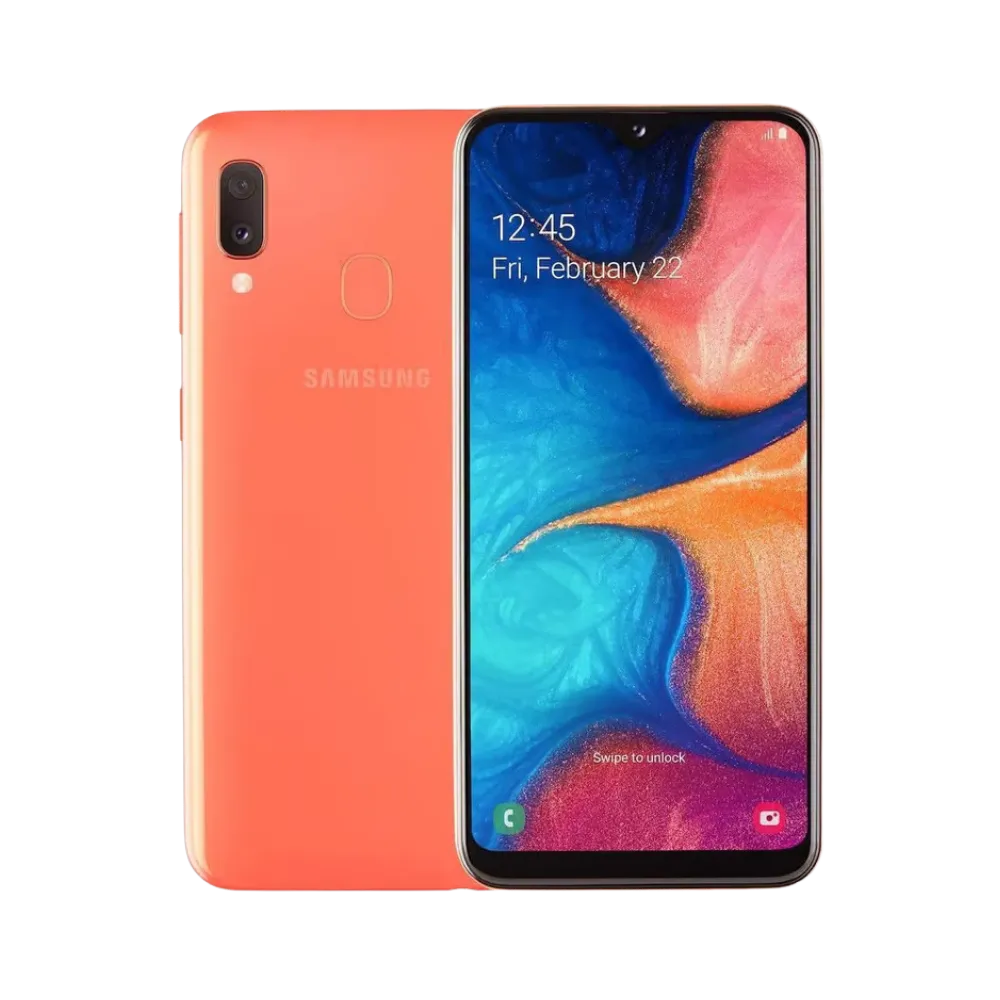 Samsung Galaxy A20 orange vu de face et de dos – réparation écran LCD, remplacement batterie et vitre arrière avec iTelier Lyon – diagnostic offert, service express, garantie pièces et main-d’œuvre.