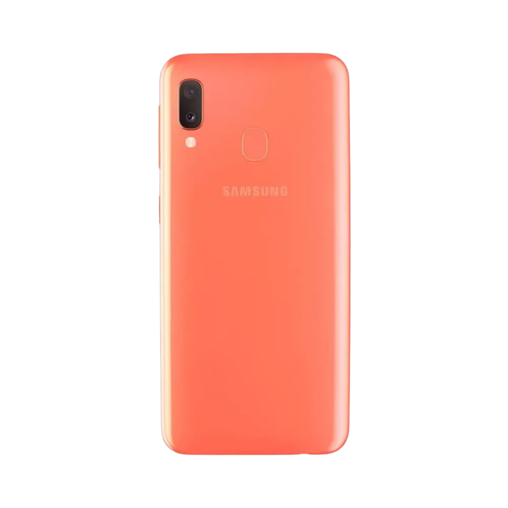 Dos orange Samsung Galaxy A20 avec double caméra et capteur d’empreintes – réparation vitre arrière cassée, changement batterie et restauration esthétique par iTelier Lyon – expertise locale, diagnostic offert, garantie 1 an.