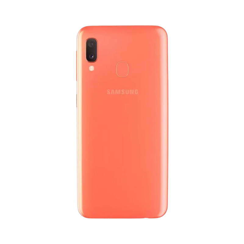 Dos orange Samsung Galaxy A20 avec double caméra et capteur d’empreintes – réparation vitre arrière cassée, changement batterie et restauration esthétique par iTelier Lyon – expertise locale, diagnostic offert, garantie 1 an.