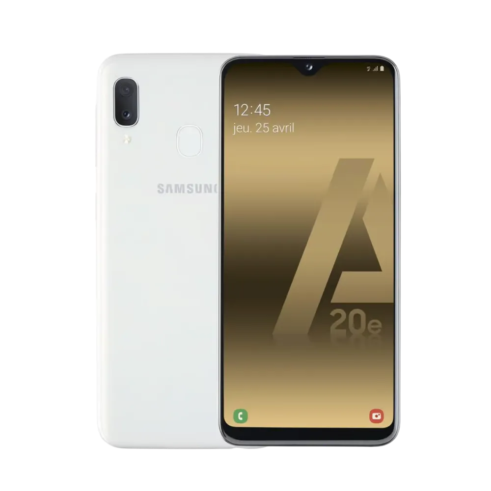 Samsung Galaxy A20e blanc vu de face et de dos – réparation écran LCD, remplacement batterie et vitre arrière avec iTelier Lyon – diagnostic offert, service express, garantie pièces et main-d’œuvre.