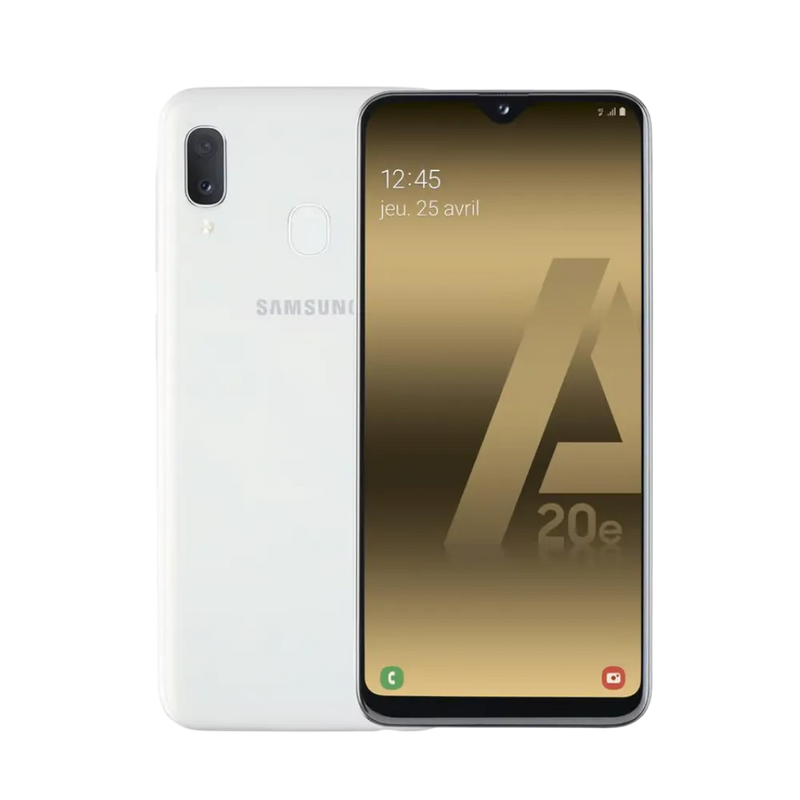 Samsung Galaxy A20e blanc vu de face et de dos – réparation écran LCD, remplacement batterie et vitre arrière avec iTelier Lyon – diagnostic offert, service express, garantie pièces et main-d’œuvre.