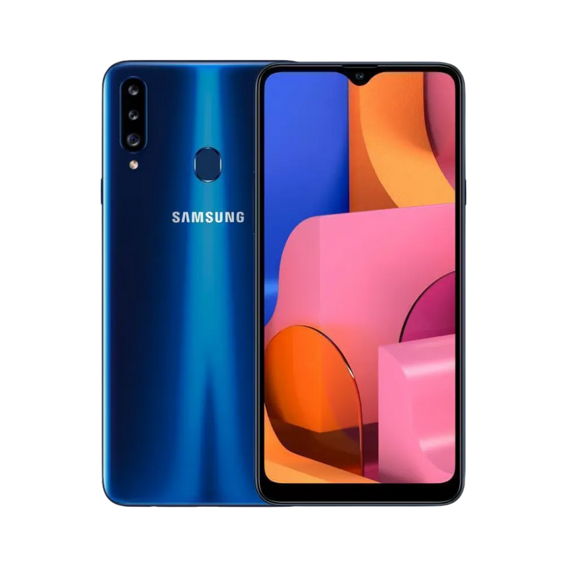Samsung Galaxy A20s bleu vu de face et de dos – réparation écran LCD, remplacement batterie et vitre arrière avec iTelier Lyon – diagnostic gratuit, service express, garantie pièces et main-d’œuvre.